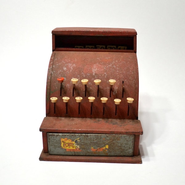 Vintage TOM THUMB Toy Cash Register Red Metal Childs Learning Toy Photo Prop Display Collectible Vtg Toy Childhood Memory PanchosPorch