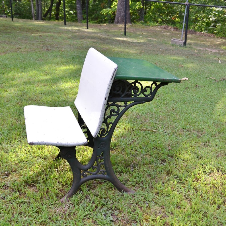 Antique Childrens School Desk Cast Iron And Wood Green White Painted Furniture Vintage Home Decor Panchosporch