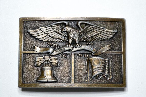 Vintage 1976 Bicentennial Belt Buckle: Eagle, Liberty Bell, Flag