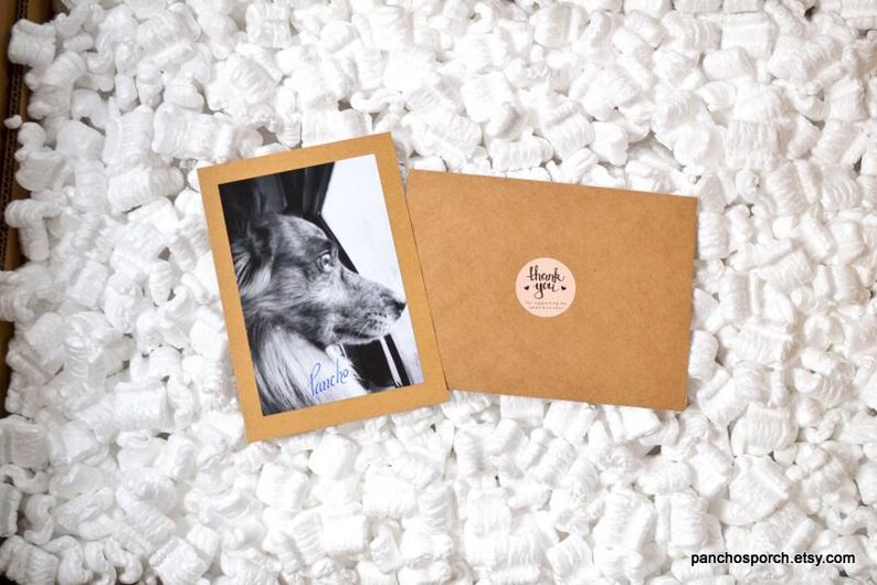 May include: A monochrome photograph of a dog in a wooden frame, with the name "Pancho" on the image. A brown card with a "thank you" sticker is next to the photo. The items are surrounded by white packing peanuts.