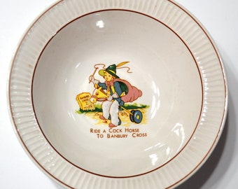 Vintage Nursery Rhyme Cereal Bowl Ride a Cock Horse to Banbury Cross CRAZING Child Riding Stick Horse Ribbed Rim Korea PanchosPorch