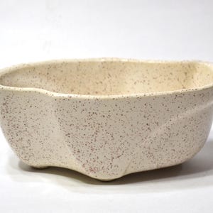 May include: Cream-coloured ceramic planter with a speckled design. The oval-shaped container has a wavy, textured exterior and a smooth interior. The planter is suitable for indoor or outdoor use and can hold various plants.