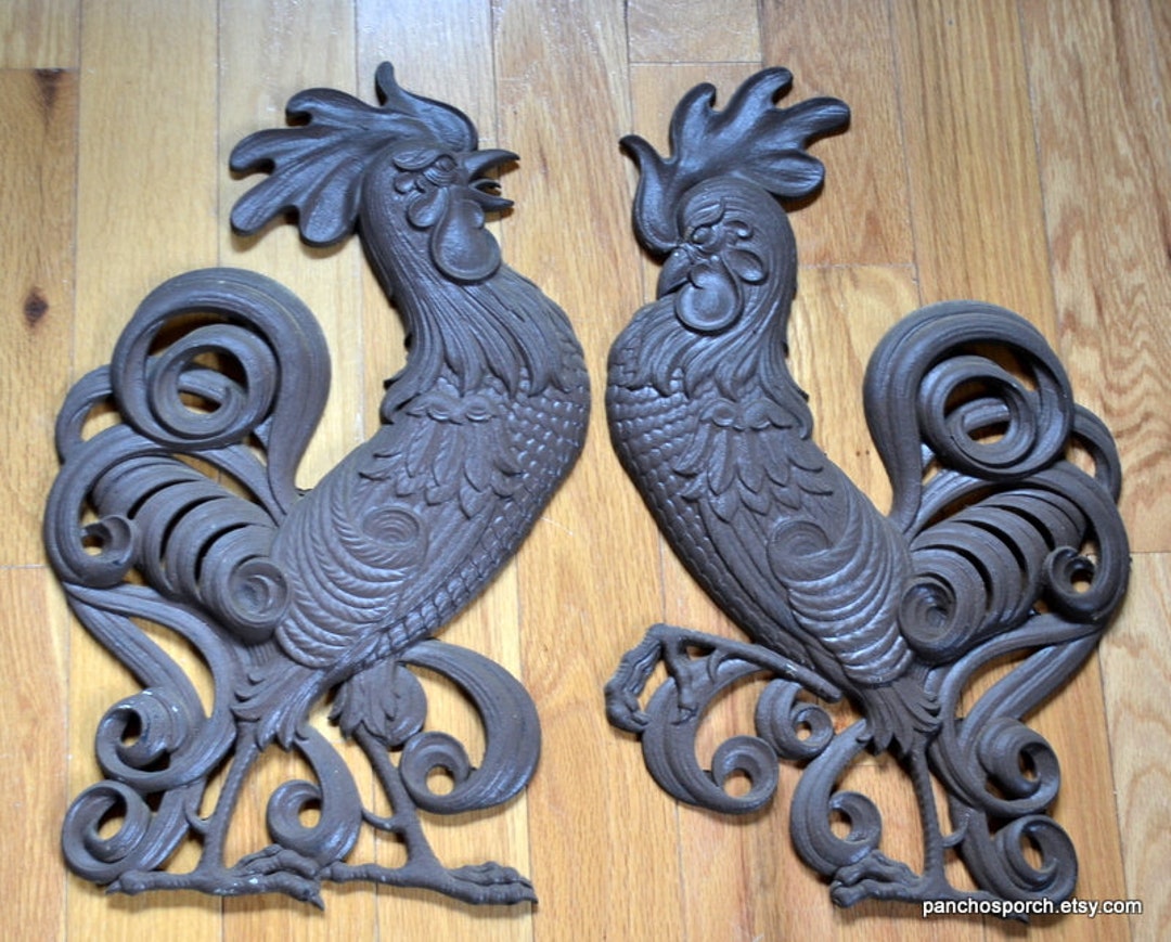 Vintage Large Metal Rooster Wall Plaque Set of 2 Searcy Pair Cast Metal