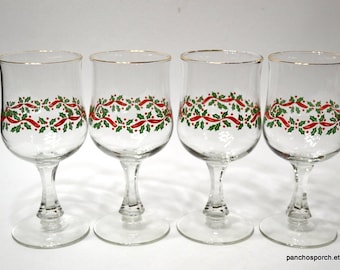 Vintage Libbey Holly Wine Glasses - Set of 4 Christmas Stemware