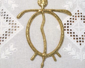 Vintage Brass Trivet: Ethnic Turtle Shape Abstract Wall Decor