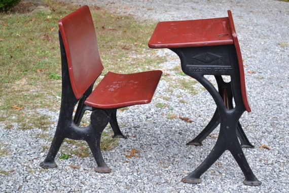 Vintage School Desk And Chair Cast Iron Metal Wood Silent Vintage School Desk And Chair Cast Iron