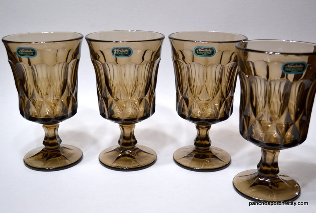 Vintage NORITAKE PERSPECTIVE Brown Iced Tea Glass Set of 4 Pressed