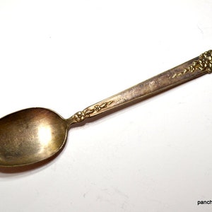 May include: A vintage silver spoon with an oval bowl and a long handle. The handle is decorated with floral and scroll designs, and the end of the handle has a cluster of flowers. The spoon is likely made of silver or a silver-plated metal.