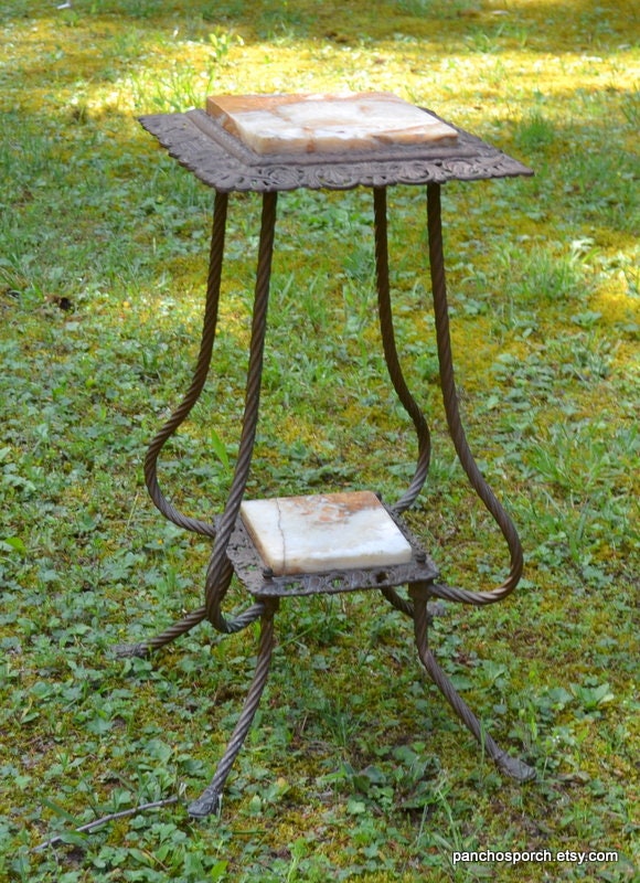 Vintage Cast Iron Plant Stand: Marble Insert Victorian Fern Stand