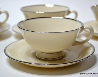 Vintage LENOX MONTCLAIR Cup and Saucer Set of 4 Creamy White Platinum Trim Elegant Dinnerware Classic Wedding China USA PanchosPorch