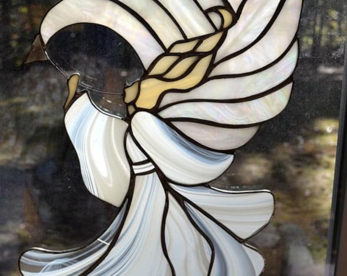 Vintage Stained Glass Angel Window Panel Trumpet Christmas Religious ...