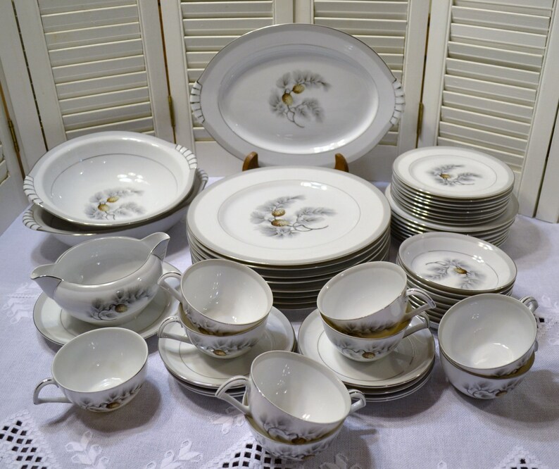 Vintage Kent Silver Pine Dinnerware Set 55 Pieces White Etsy