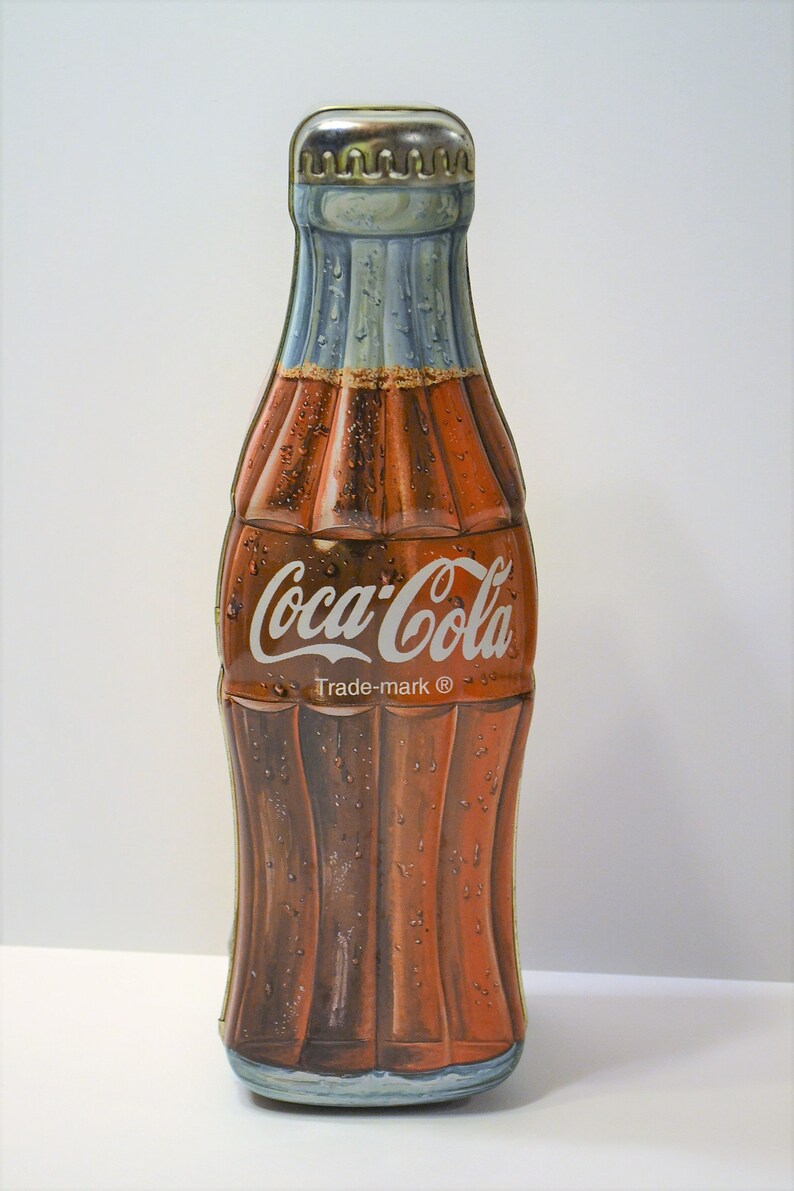 Vintage Coca Cola Bottle Shape Tin with Hinged Lid 13 inch 1997 Advertising Tin Box Panchosporch