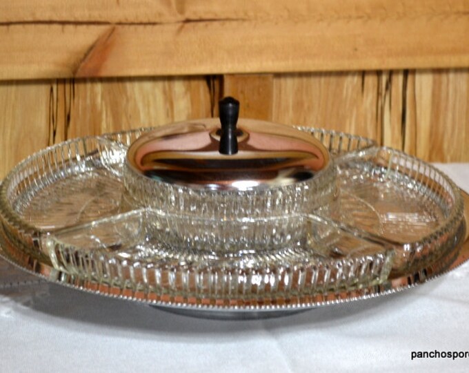 Vintage LAZY SUSAN Relish Tray Revolving Chrome Glass Serving Platter Glass Divided Dish