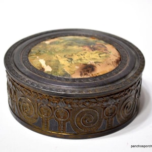 Vintage Round Metal Powder Box Victorian Trinket Box Vanity Dresser Decor PanchosPorch