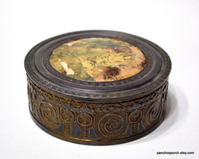 Vintage Round Metal Powder Box Victorian Trinket Box Vanity Dresser Decor PanchosPorch