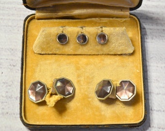 Vintage Vogue Cuff Links Shirt Stud Set Mother of Pearl Gold Tone Metal Worn Leather Box Art Deo Mens Jewelry Accessories PanchosPorch