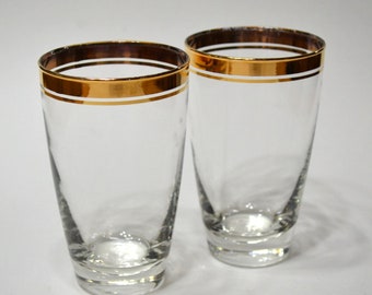 Vintage Libbey Gold Rim Glass Tumbler Set of 2 Double Gold Band Mid Century Glassware High Ball Cocktail Glasses PanchosPorch