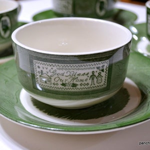 Vintage Royal China Cup and Saucer Set: Green White Transferware