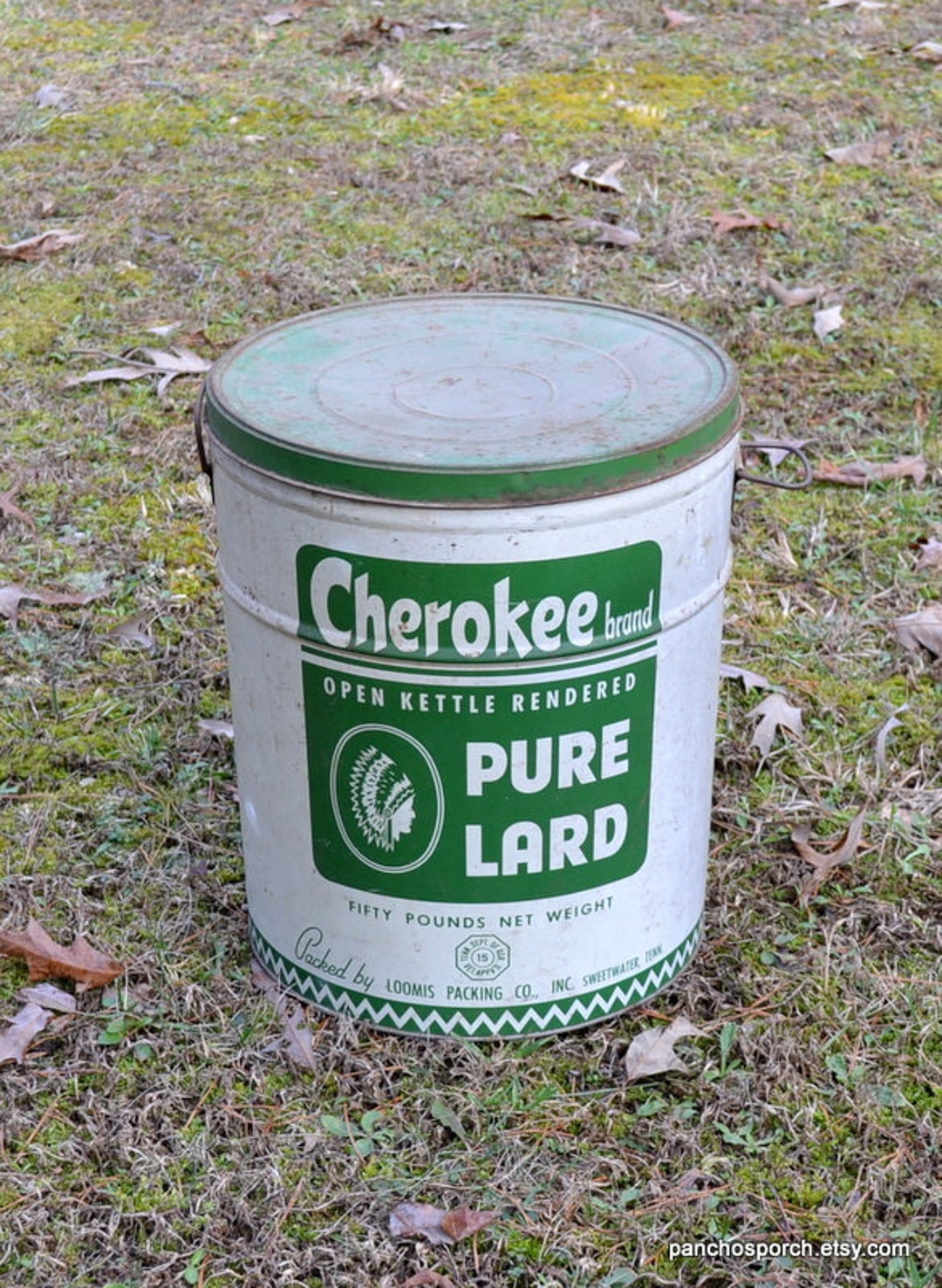 Vintage Cherokee Brand Lard Can 50 Lb Metal Tin Green White Farmhouse
