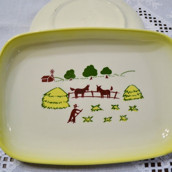 Brock Pottery Platter Farm Theme Horse Mule Donkey Yellow Green Brown Rectangle Vintage California Pottery PanchosPorch