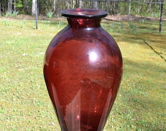 Vintage LARGE RED Glass Vase Heavy Thick Blown Glass Floor Flower Vase Vessel Made in Spain Art Glass PanchosPorch