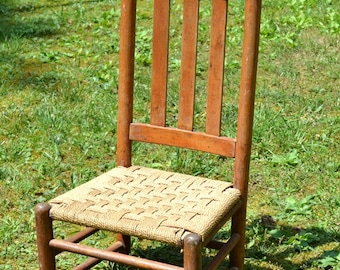 Vintage Wooden Chair Woven Seat High Back Low Seat Rustic