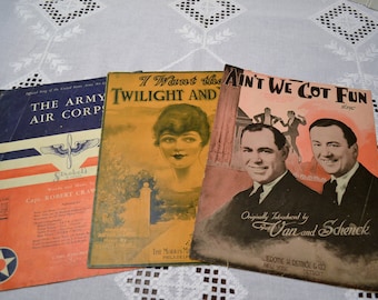 Vintage Sheet Music Set of 3 Aint We Got Fun Army Air Corps Twilight and You PanchosPorch