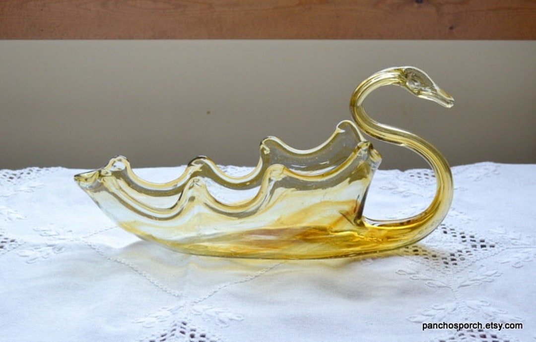 Vintage Glass Swan Bowl Light Gold Art Glass Centerpiece Planter Mid