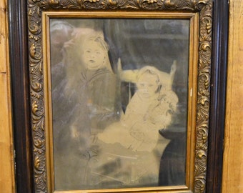 Vintage Children's Portrait Drawing: Boy and Girl, Ornate Wood Frame