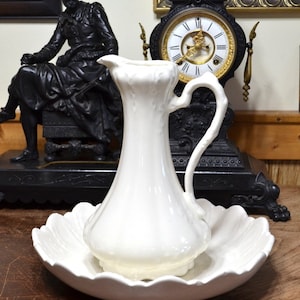Vintage Pitcher and Wash Basin Bowl Set CHIPPED Hand Made White Finish Large Wash Bowl Farmhouse Cottage Decor Wash Stand PanchosPorch