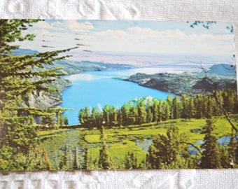 May include: A rectangular vintage postcard featuring a high-angle landscape view of a deep blue lake surrounded by dense green pine forests and marshy wetlands under a bright sky with scattered white clouds, captured in a classic color print.