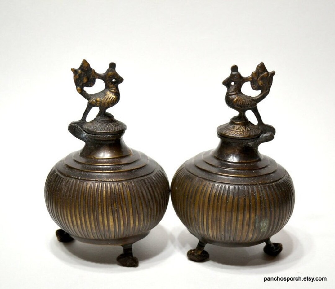 Vintage Metal Incense Burner Pot Set of 2 Bird Peacock Finial Lidded