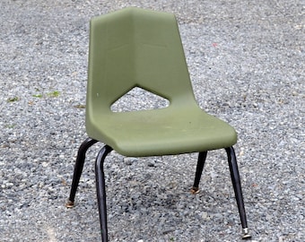 Vintage Avocado Green Child's School Chair: MCM Industrial Stacking Seat