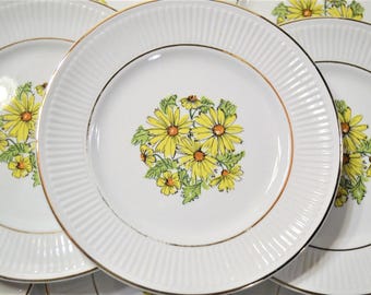 Vintage Staffordshire Bread Plates Set of 8: Yellow Daisy Floral, Gold Rim