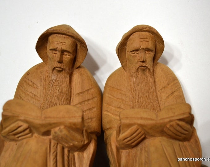 Vintage Wooden Monk Bookends Hand Carved Rustic Primitive Wood Book
