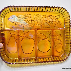 Vintage Amber Carnival Glass Relish Tray: Indiana Glass Fruit Dish