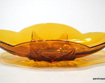 Vintage Amber Glass Oval Bowl Pebble Leaf Heart Pattern Relish Tray Candy Dish Retro Glassware Dark Gold HONEYCOMB PanchosPorch