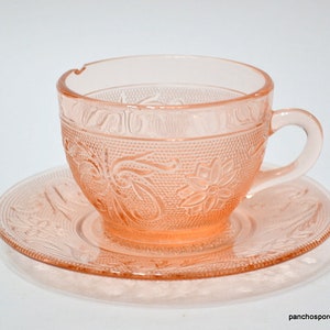 Vintage Tiara Pink Sandwich Glass Cup and Saucer - Floral Scroll (Chipped)