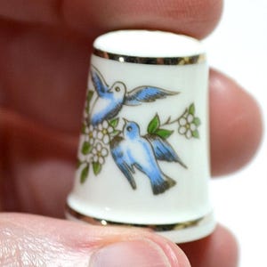 Vintage Blue Birds Thimble Gold Trim Flowers Porcelain Thimble Sewing Royal Worcester England Thimble Collection Display PanchosPorch