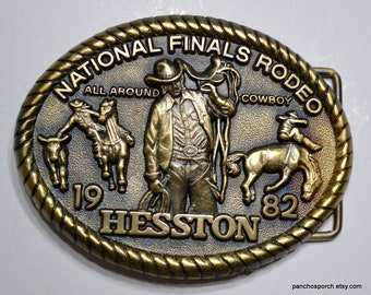 Vintage HESSTON NFR Rodeo Belt Buckle 1982 Brass Metal Mens Adult National Finals Rodeo Best All Around Cowboy Country Western PanchosPorch