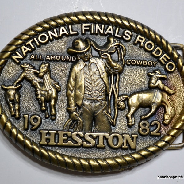 Vintage HESSTON NFR Rodeo Belt Buckle 1982 Brass Metal Mens Adult National Finals Rodeo Best All Around Cowboy Country Western PanchosPorch