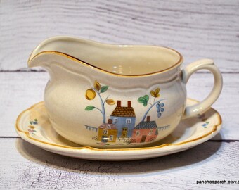 Vintage Heartland Gravy Boat and Underplate Farm Scene House Cottage Geese Country Farmhouse Kitchen Stoneware International PanchosPorch
