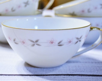 Vintage Jyoto Juliet Teacup Set(5): Pink Floral Gold Trim, Mid Century Japan