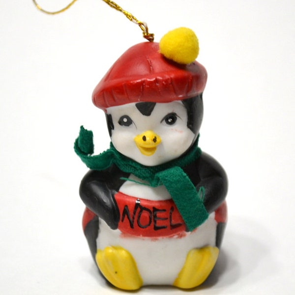 Vintage Giftco Penguin Bell Ornament 1986 Ceramic Penguin Hat Scarf Noel Christmas Tree Decoration Gift Tie On Black White Red  PanchosPorch