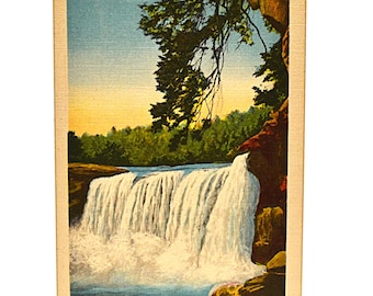 May include: Vintage postcard featuring Cumberland Falls in Southeastern Kentucky. The image shows a waterfall cascading into a blue river, with lush green trees and a blue sky in the background. The postcard is held by a clear stand.
