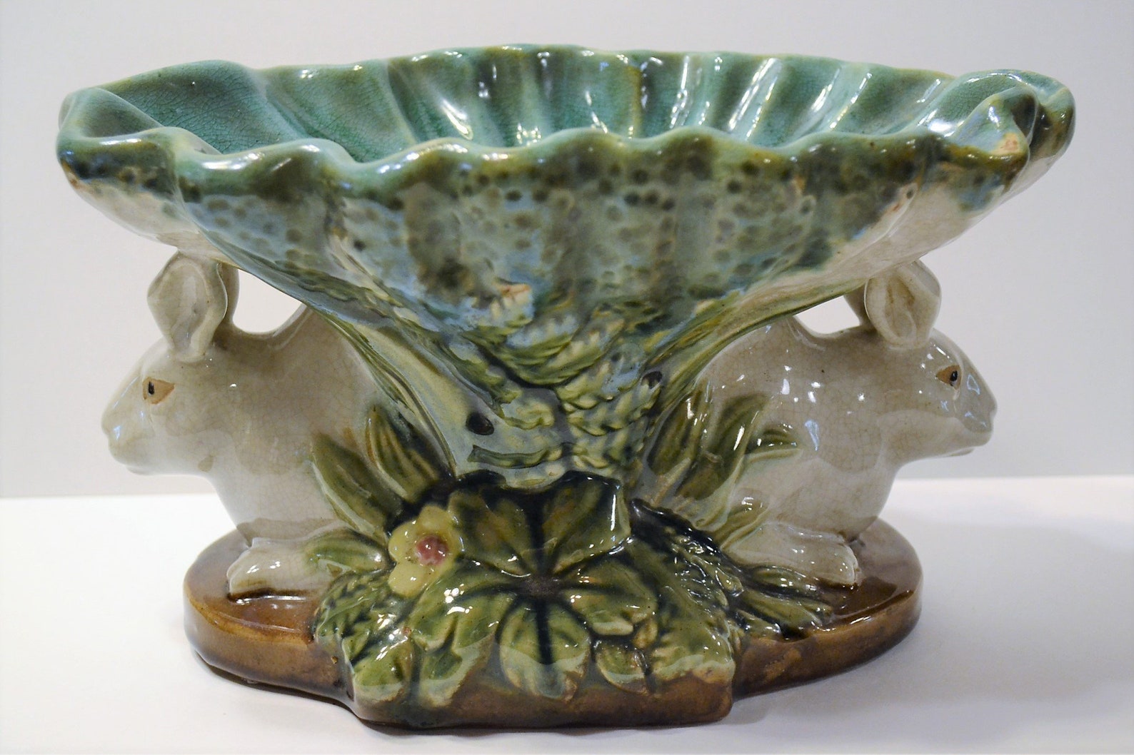 Vintage Majolica Bunny Rabbit Pedestal Bowl Dish Compote Etsy