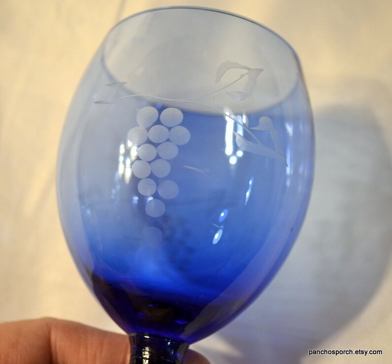 Vintage Etched Cobalt Blue Wine Glass Set of 3 Floral Grapes Etsy