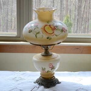 Vintage Hurricane Lamp Hand painted Glass Floral Large Table Lamp 26”
