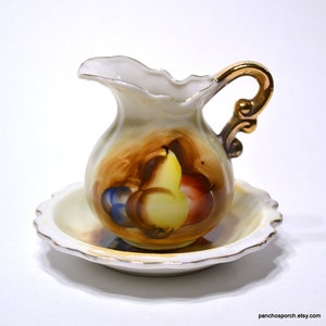 Vintage Mini Pitcher and Bowl Set Washbowl Set Hand Painted Fruit Design Gold Trim Knick Knack Vase Display Prop Home Decor PanchosPorch